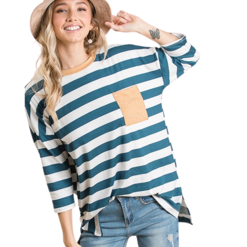 REB in J. Women Tee Teal and Mustard Striped Patch Pocket 3/4 Sleeve, Medium